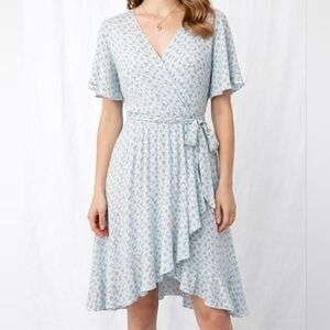 Jody California Light Blue Floral Faux Wrap High Low Dress With Flutter Sleeves